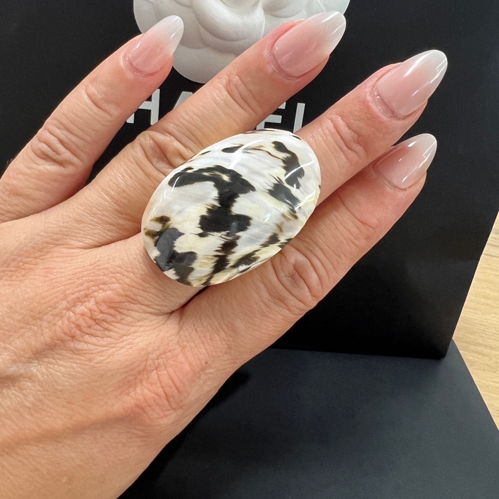 Zebra Jasper Mother of Pearl Black and White Statement Ring size 8.5
